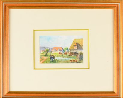 null J.M BLANPAIN "A la ferme" aquarelle, SBD; 8x12cm