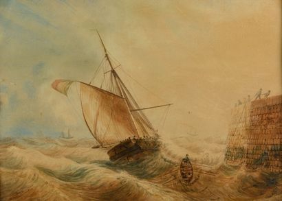  Louis GAMAIN (1803-1871) "Coup de vent" aquarelle, SBD, (pliure au milieu), 33....