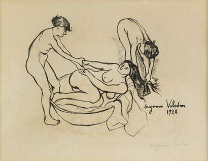 null Suzanne VALADON "Women in the bath" pencil and charcoal, SBD, signed and countersigned...