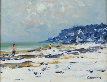 null LEVASSEUR "Le Havre, the snowy beach" HST, SBD, titled on back, 26x34cm