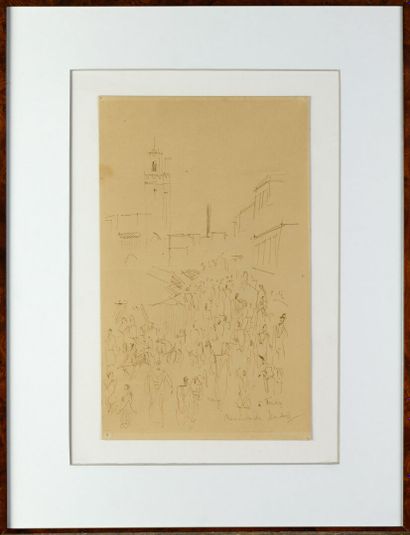 null Jean DUFY 1888-1964 "Scène de marché au Havre" dessin à l'encre sur carton,...