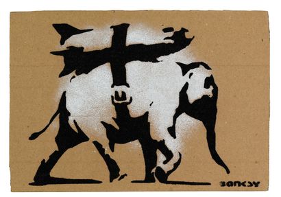 null BANKSY "Elephant missile" aerosol stencil on cardboard 35/50. stamp : DISMALAND...