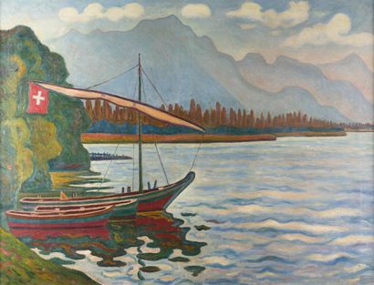 null 
Henri DE SAINT DELIS 1878-1949 "Edge of lake in Switzerland" HST, SBD, 88x116cm...