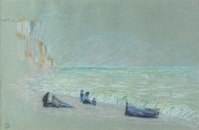 null Ludovic RONDO PISSARO "Bord de plage" pastel, 48x30cm, Cachet d'atelier