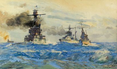 null Bernard LACHEVRE 1885-1950 "Navires de guerre en pleine mer" aquarelle, SBD,...