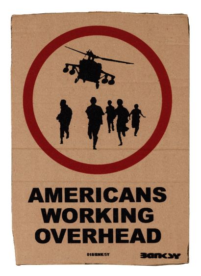 null BANKSY "Americans Working Overhead" aerosol stencil on cardboard 11/50. stamp...