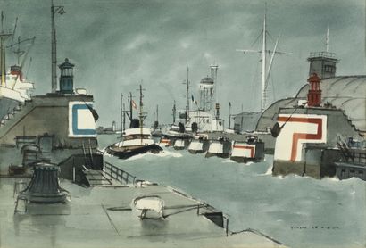 null Richard LE CIEUX "Ships in port" watercolor, SBD, 35x52cm