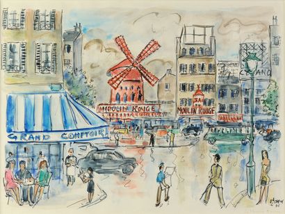 null BAC CARON "Le moulin rouge" watercolor, SBD, 46x61cm from the sale of the George...