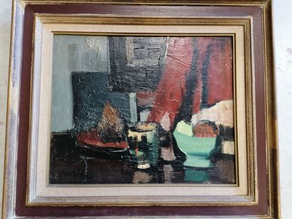 null André LEMAITRE 1909-1995 "Still life with red drapery 1966" HST, SBG, titled...