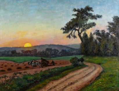 null René DE SAINT DELIS 1876-1919 "Farmers at sunset in the Etretat region" HST,...