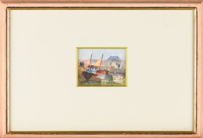 null J.M BLANPAIN "Dans le port de Honfleur" aquarelle, SBD, 8x6cm