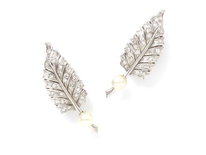 null Pair of ear clips in gold 750 and platinum 850 thousandths, stylizing a feather...