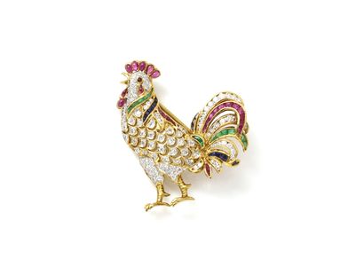 null Brooch in gold 750 thousandths partially rhodium-plated, stylizing a cock crowing,...