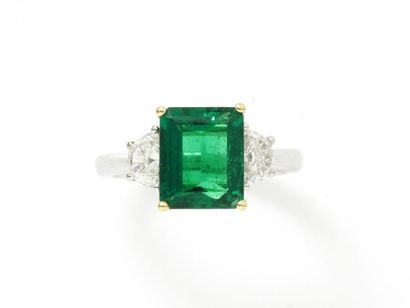 null Ring 2 tones of gold 750 thousandths decorated with a superb rectangular emerald...