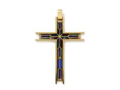 null Pendant in gold 750 thousandths, holding a cross dressed in enamel plique-à-jour...