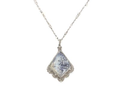 null Necklace in platinum 850 thousandths, holding in pendant a miniature painted...