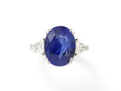 null Ring in white gold 750 thousandths, decorated with a faceted oval sapphire in...