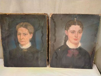 null École Française XIXe, deux portraits de femmes, aquarelles entoilées, (toiles...