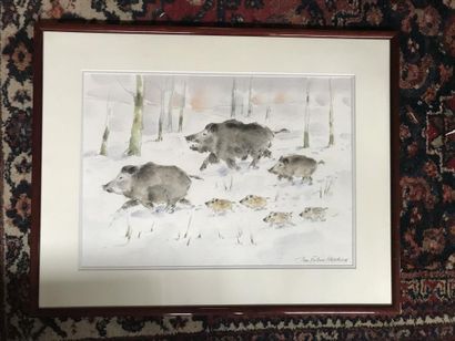 null HENRION, "Sangliers et marcassins sous la neige" aquarelle sur papier. Signé...