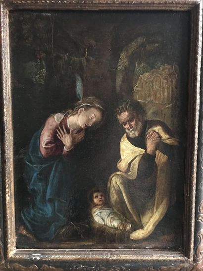 null École Italienne XIXe, Suiveur du Tintoret "Vierge à l'enfant" peinture sur cuivre....