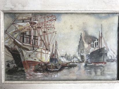 null "Le port de Rouen" technique mixte Signé en bas à droite, 16 x 28cm