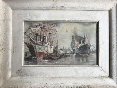 null "Le port de Rouen" technique mixte Signé en bas à droite, 16 x 28cm