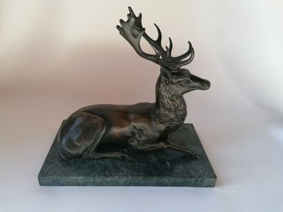 null School of the XXth century "Reclining stag" Bronze proof with brown patina on...
