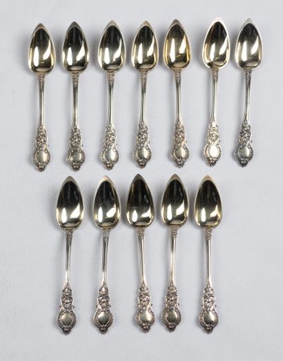 null 12 coffee spoons with rocaille decoration, in vermeil, Minerve mark. 190 grs...