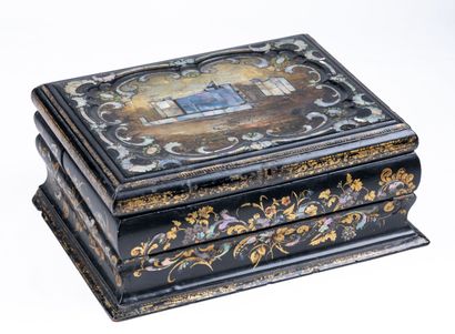 null writing box with mother of pearl inlays, inside compartments with its 2 bottles,...