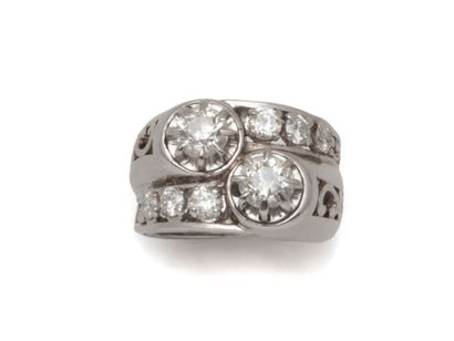 null Wedding band ring in 850-millimeter platinum, set with 2 old-cut diamonds in...