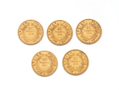 null Lot en or 750 millièmes, composé de:
2 pièces de 20 francs français datées 1853,...