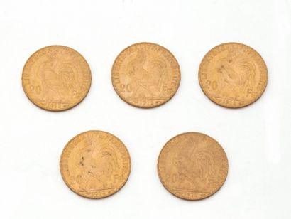 null Lot en or 750 millièmes, composé de:
4 pièces de 20 francs français datées 1912,...