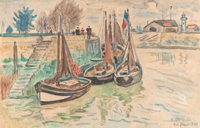 null Henri DE SAINT DELIS "L'avant port d'Honfleur" aquarelle, Signé en bas à droite...
