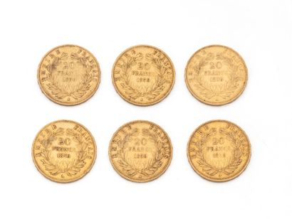 null Lot en or 750 millièmes, composé de:
6 pièces de 20 francs français datées 1856,...