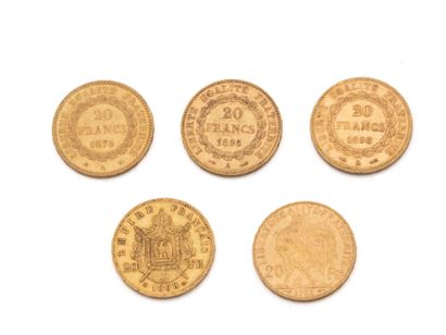 null Lot in 750 thousandths gold, consisting of:
1 French 20-franc coin dated 1868,...