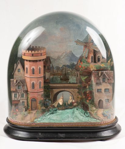 null Diorama faisant automate sous globe représentant une vue de village H60 cm ...