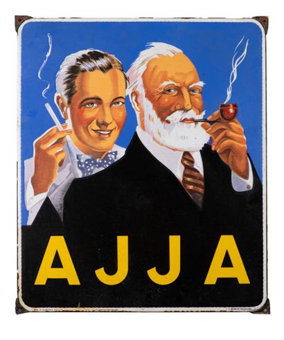 null Plaque émaillée pour les tabacs AJJa(A.J.Jacob ainé), deux personnages l'un...