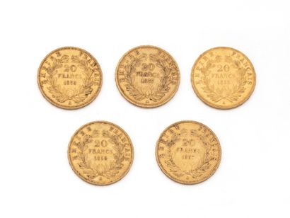 null Lot en or 750 millièmes, composé de:
3 pièces de 20 francs français datées 1855,...