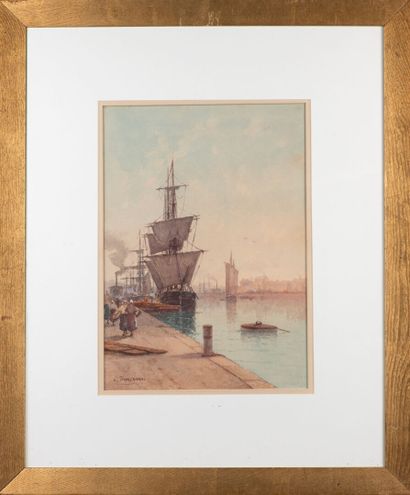 null Louis Etienne TIMMERMANNS (1846-1910) "Voiliers à quai" Watercolor, SBG, 37...