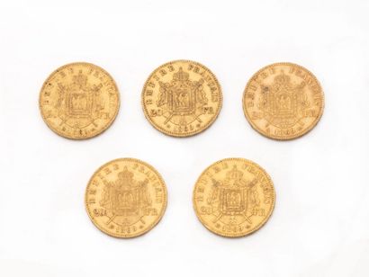 null Lot en or 750 millièmes, composé de:
5 pièces de 20 francs français datées 1869,...