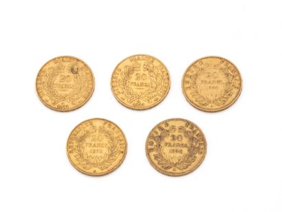 null Lot en or 750 millièmes, composé de:
2 pièces de 20 francs français datées 1851,...