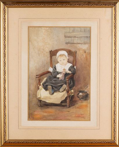 null Louis Welden Hawkins (1849-1910) "L'enfant à la poupee" aquarelle, 22.5 x 34.5...