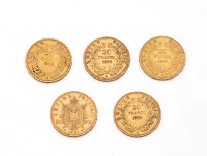 null Lot en or 750 millièmes, composé de:
4 pièces de 20 francs français datées 1860,...