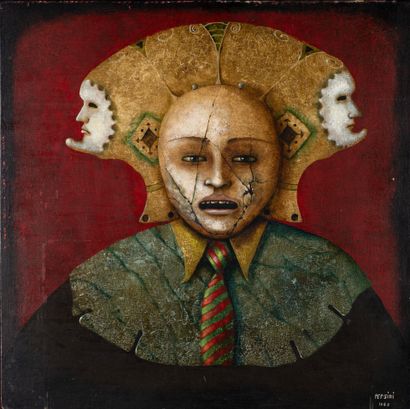 null PERSINI "The Man with Three Heads", painting on panel, SBD, dated 1980, unframed,...
