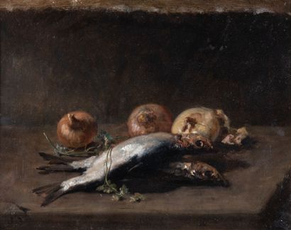 null Jules VEYRASSAT (1828-1893) Onions and fish on an entablature, HSP monogrammed...