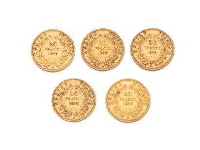 null Lot en or 750 millièmes, composé de:
5 pièces de 20 francs français datées 1859,...