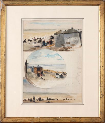 null Ecole Française Fin XIXe s. "La plage et les cabines à Dieppe en 1890" Projet...