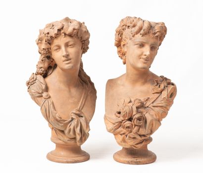 null Auguste CLESINGER pair of terracotta busts on base, signed on the front, stamped...