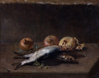 Jules VEYRASSAT 1828-1893 «Oignons et poissons sur un entablement»
HSP, monogrammée...