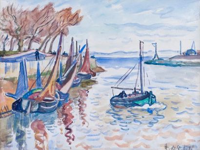 Henri Liénard DE SAINT-DELIS 1878-1949 «Retour de pêche à Honfleur» aquarelle, S...